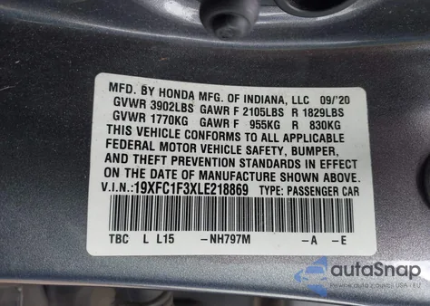 2020 Honda Civic Ex из США, поврежденный, VIN 19XFC1F3XLE218869